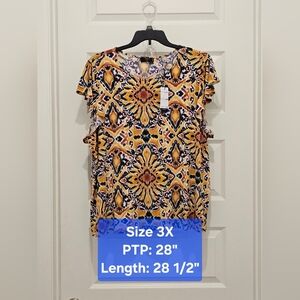 Tahari Woman Abstract Print Short Fluttered Sleeve Top, NWT, Size 3X